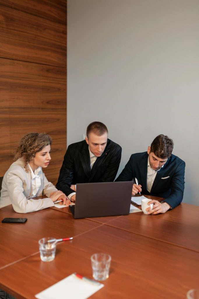 Collaborative business meeting with three professionals focused on a laptop in a modern office.